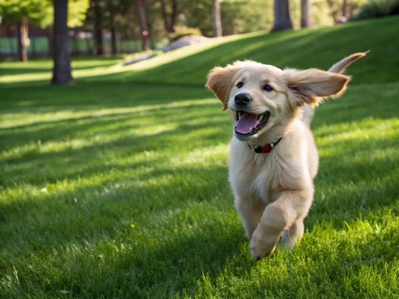 A golden retriever puppy sitting attentively during a board and train session, with a trainer in the background giving positive reinforcement in a sunny outdoor setting.