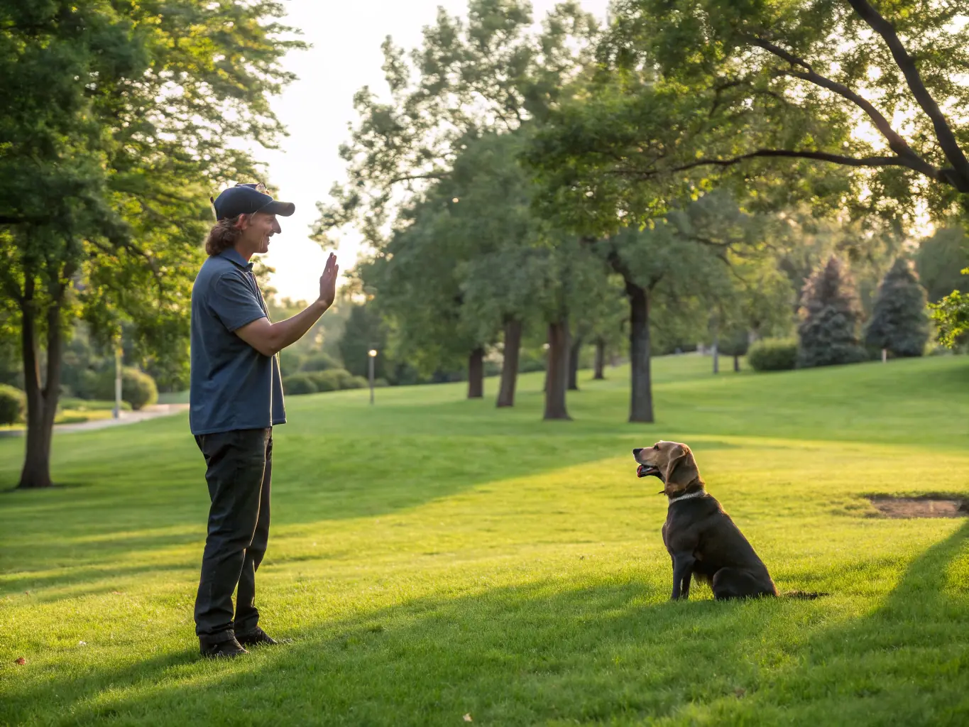 A professional dog trainer working one-on-one with a German Shepherd in a park, demonstrating leash handling and obedience commands during a private training session.